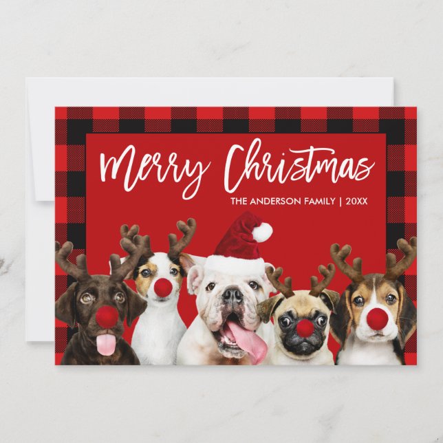 Brush Script Merry Christmas Dogs Red Plaid Holiday Card (Front)