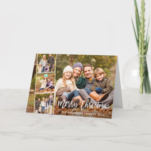 Brush Script Merry Christmas Family 4 Photo Fold Holiday Card (Front)