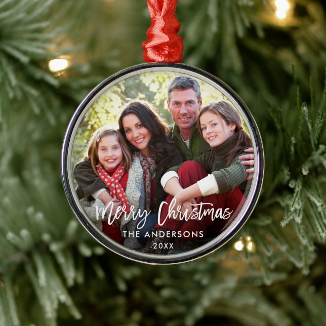 Brush Script Merry Christmas Family Photo RW Metal Ornament (Tree)