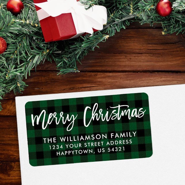 Brush Script Merry Christmas Green Plaid Address Label (Customize to change your personalized text size or style.)