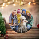 Brush Script Merry Christmas Photo Red Back Ceramic Ornament<br><div class="desc">Modern Brush Script Merry Christmas Family Photo Ornament - Red Snowflakes back</div>
