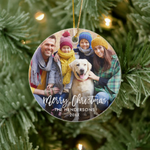 Brush Script Merry Christmas Photo Red Back Ceramic Ornament