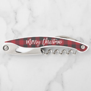 Brush Script Merry Christmas Red Buffalo Plaid Corkscrew