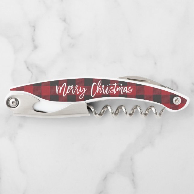 Brush Script Merry Christmas Red Buffalo Plaid Corkscrew (Front)