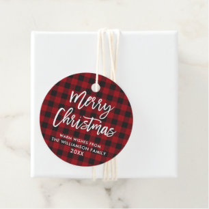 Brush Script Merry Christmas Red Buffalo Plaid Favour Tags