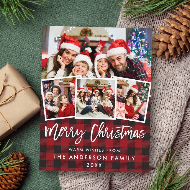 Brush Script Merry Christmas Red Plaid 4 Photo Postcard (Customize to change your personalized text size or text style.)