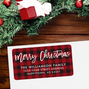 Brush Script Merry Christmas Red Plaid Address Label