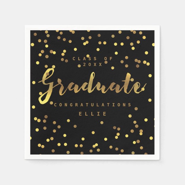 Brush Script Personalized Gold Foil Confetti Black Napkin (Front)