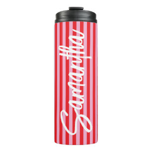 Brush Script Personalized Pink and Red Stripes Thermal Tumbler