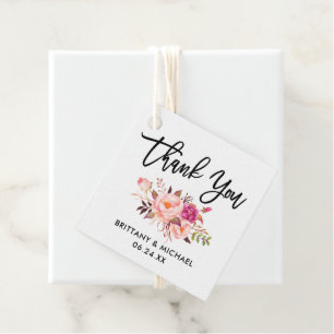 Brush Script Pink Floral Wedding Thank You Favour Tags