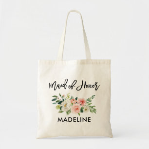 Brush Script Pink White Floral Maid of Honour Tote Bag