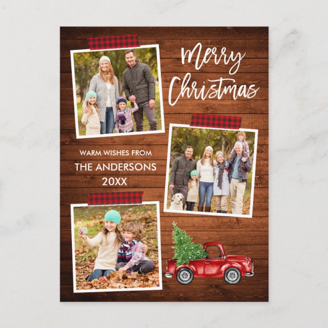 Brush Script Plaid Craft Tape Wood Truck Christmas Postcard (Front)