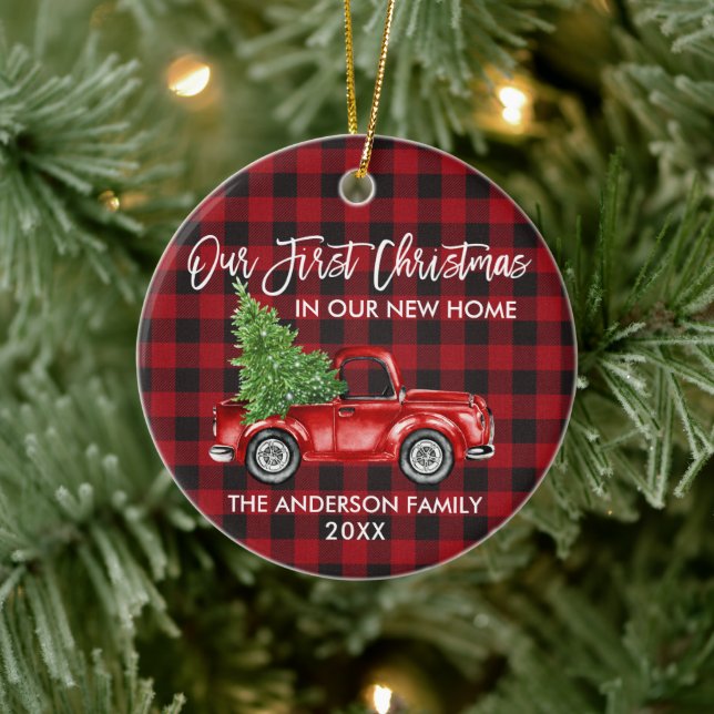 Brush Script Plaid First Christmas New Home Truck Ceramic Ornament (Tree)