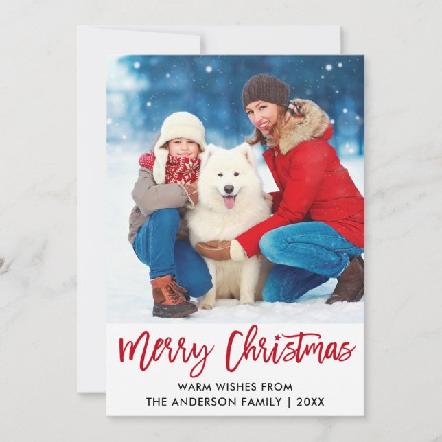 Brush Script Red Merry Christmas Star Photo Holiday Card (Front)