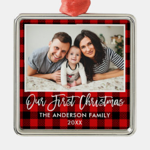Brush Script Red Plaid Family First Christmas Metal Ornament