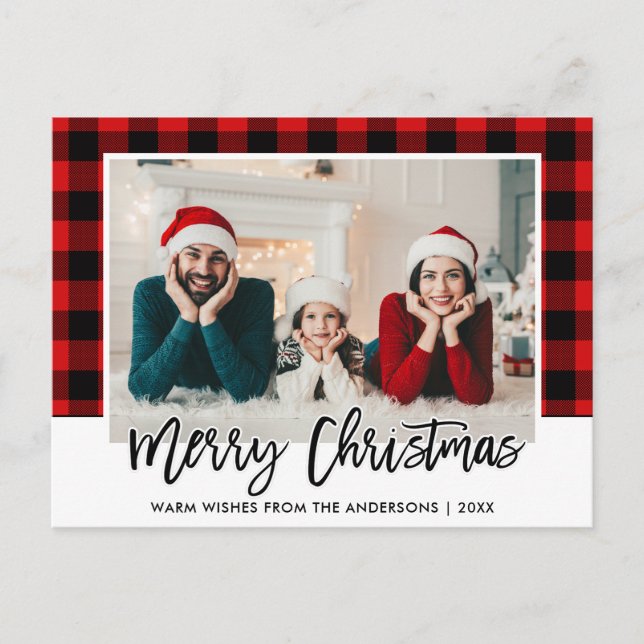 Brush Script Red Plaid Family Photo Christmas Postcard (Front)