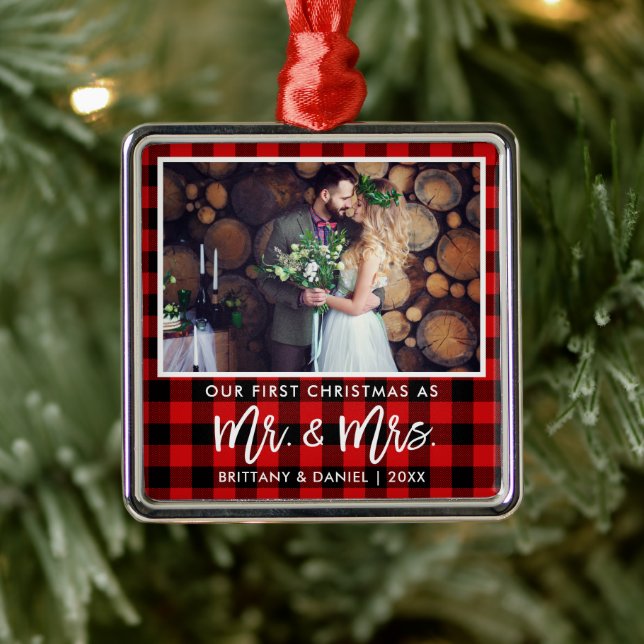 Brush Script Red Plaid First Christmas Mr. Mrs. Metal Ornament (Tree)