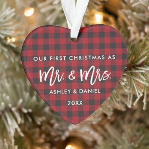 Brush Script Red Plaid First Christmas Mr. Mrs. Ornament