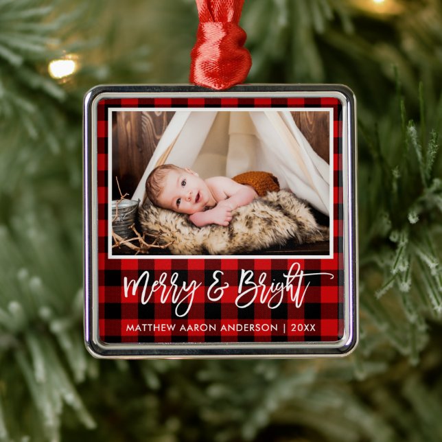 Brush Script Red Plaid Merry and Bright Baby Metal Ornament (Tree)