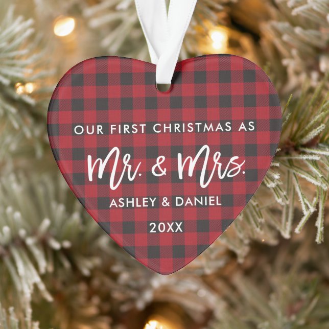 Brush Script Red Plaid Premier Noël M. Mme (Arbre)