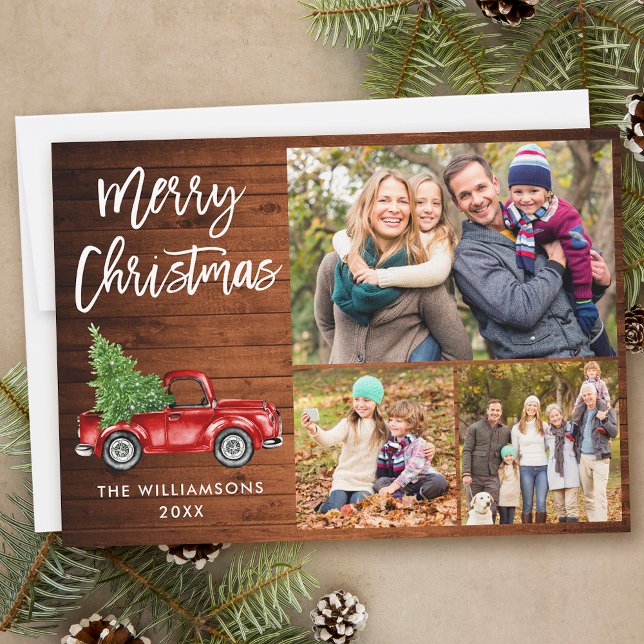 Brush Script Red Truck 3 Photo Christmas Wood Holiday Card (Customize to add text to back of card.)