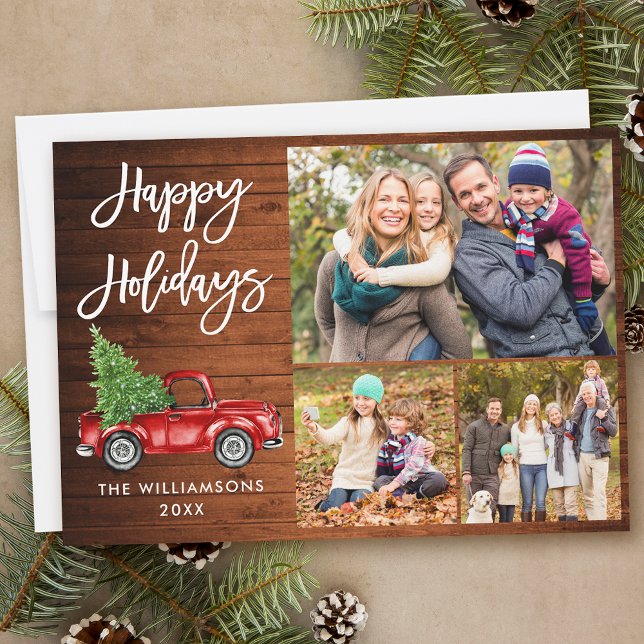 Brush Script Red Truck 3 Photo Rustic Wood Holiday Card (Customize to add text to back of card.)