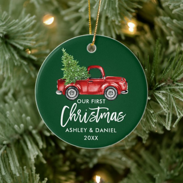 Brush Script Red Truck First Christmas Green Ceramic Ornament (Tree)