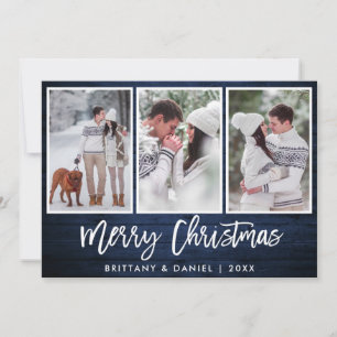 Brush Script Rustic Blue Wood Christmas 3 Photo Holiday Card