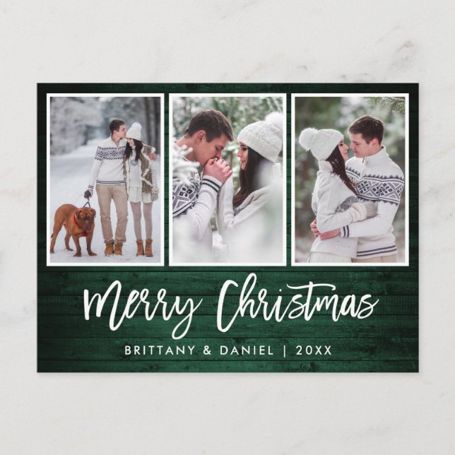 Brush Script Rustic Green Wood Christmas 3 Photo Postcard (Front)