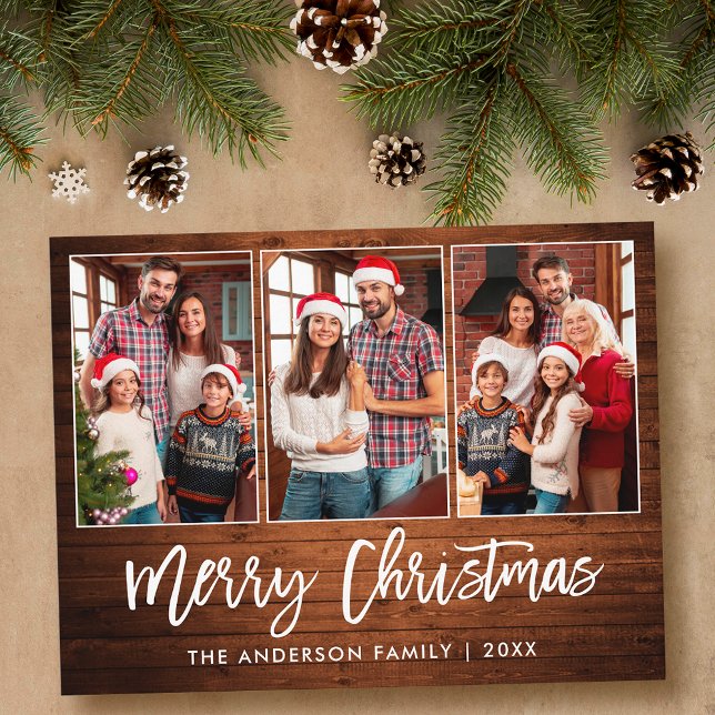 Brush Script Rustic Wood 3 Photo Christmas Postcard (Customize to change your personalized text size or text style.)