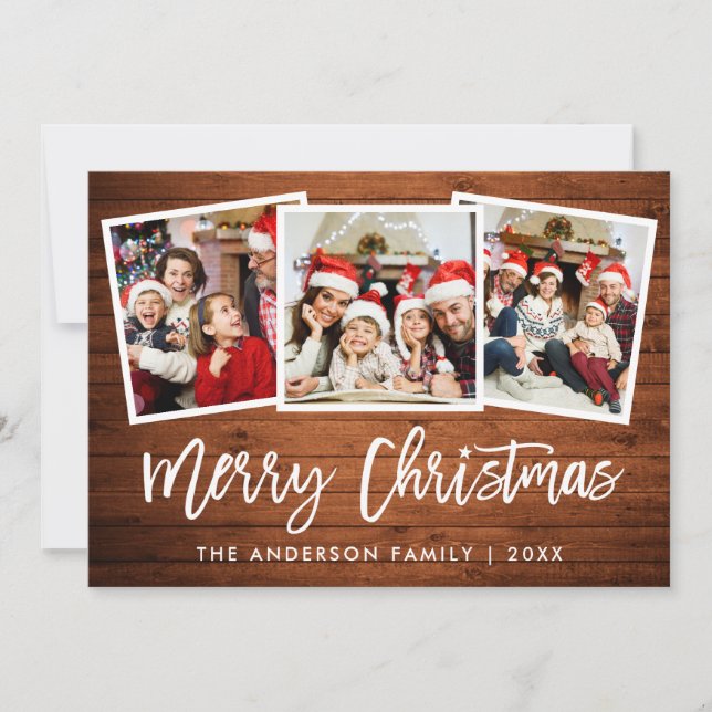 Brush Script Rustic Wood 3 Photo Christmas Star Holiday Card (Front)