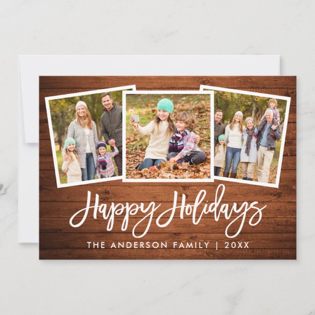 Brush Script Rustic Wood 3 Photo Family Holiday Card (Front)