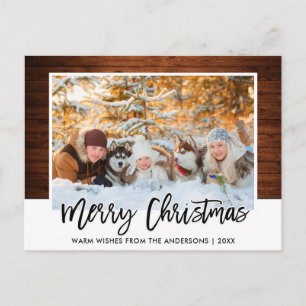Brush Script Rustic Wood Family Photo Christmas Postcard