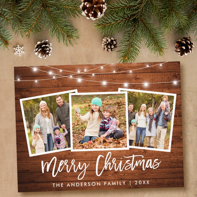 Brush Script Rustic Wood Lights 3 Photo Christmas Postcard (Customize to change your personalized text size or text style.)