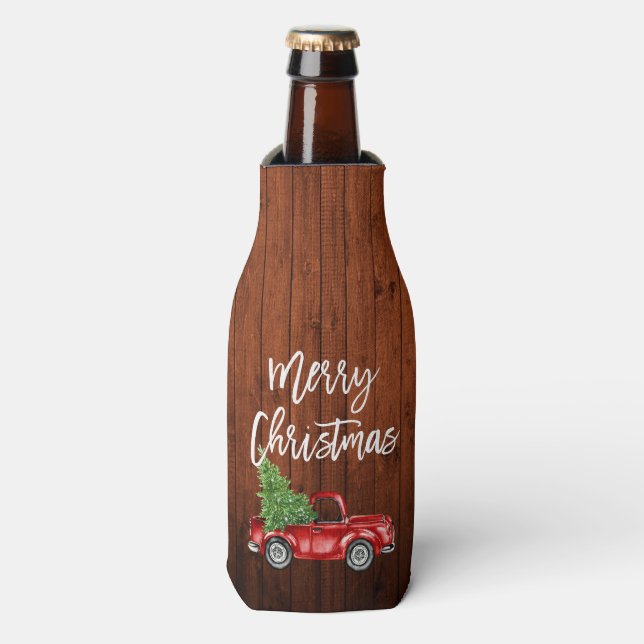 Brush Script Rustic Wood Red Truck Christmas Bottle Cooler (Bottle Front)