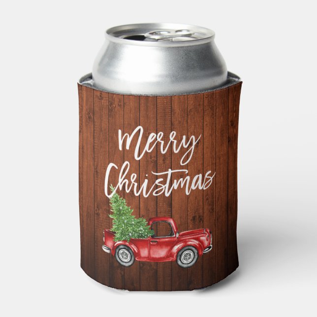 Brush Script Rustic Wood Red Truck Christmas Can Cooler (Can Front)