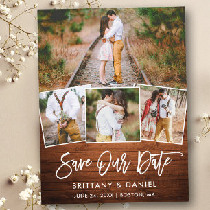 Brush Script Rustic Wood Save Our Date 4 Photo Postcard
