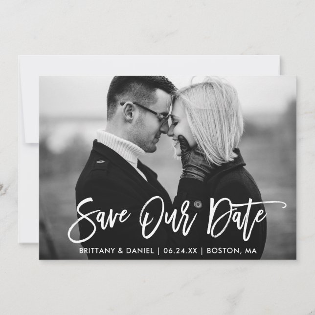 Brush Script Save Our Date Black and White Card (Front)