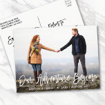 Brush Script Save The Date Adventure Photo Postcard<br><div class="desc">Our Adventure Begins,  Save The Date Modern Brush Script Engagement Couple Photo Postcard</div>