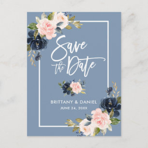 Brush Script Save the Date Dusty Blue Pink Floral Announcement Postcard