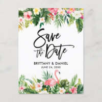 Brush Script Save the Date Tropical Flamingo