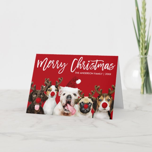 Brush Script Star Christmas Dogs Red Folded Holiday Card (Front)
