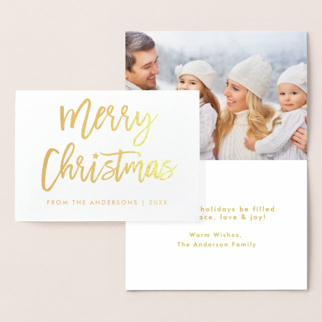 Brush Script Star Merry Christmas Photo Gold Foil Card (Display)