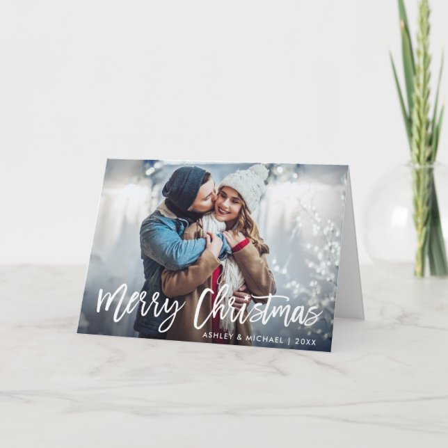 Brush Script Star Photo Merry Christmas Fold Holiday Card (Front)