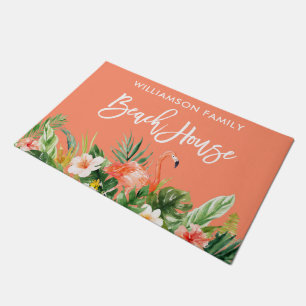 Brush Script Tropical Coral Floral Beach House Doormat