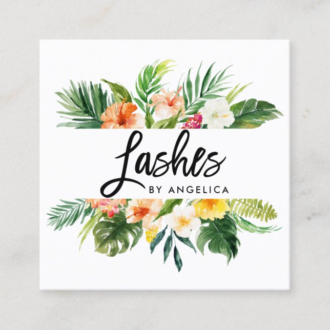 Brush Script Tropical Coral Floral Lashes Square Business Card (Front)
