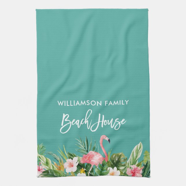 Brush Script Tropical Floral Beach House Kitchen Towel (Vertical)