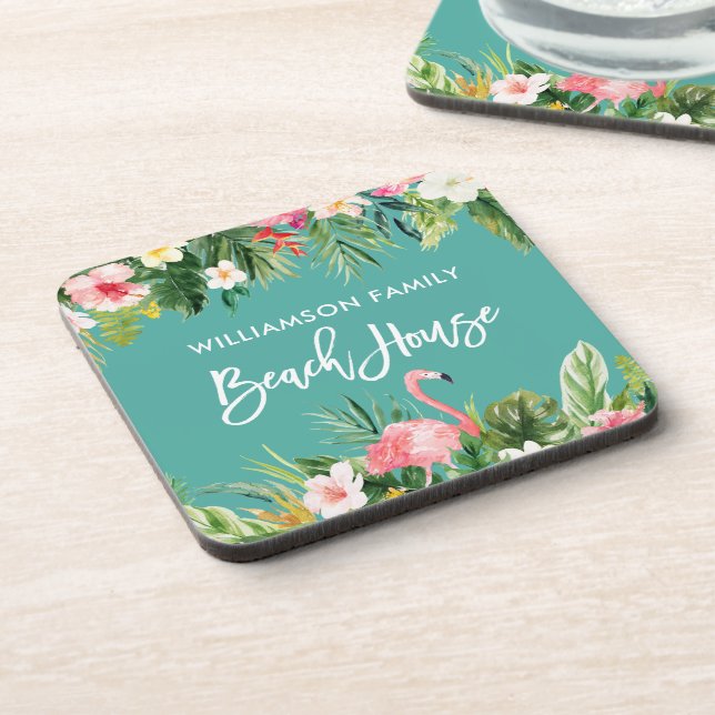 Brush Script Tropical Floral Family Beach House Coaster (Left Side)