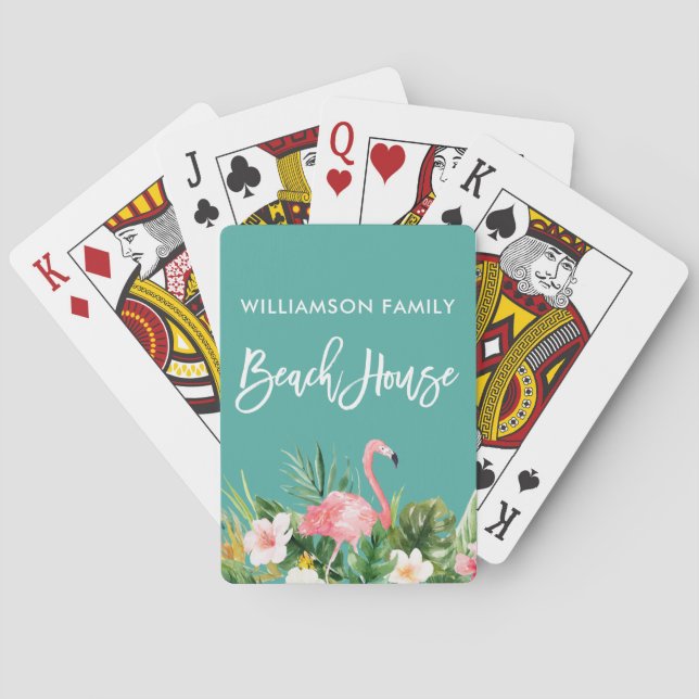 Brush Script Tropical Floral Family Beach House Playing Cards (Back)
