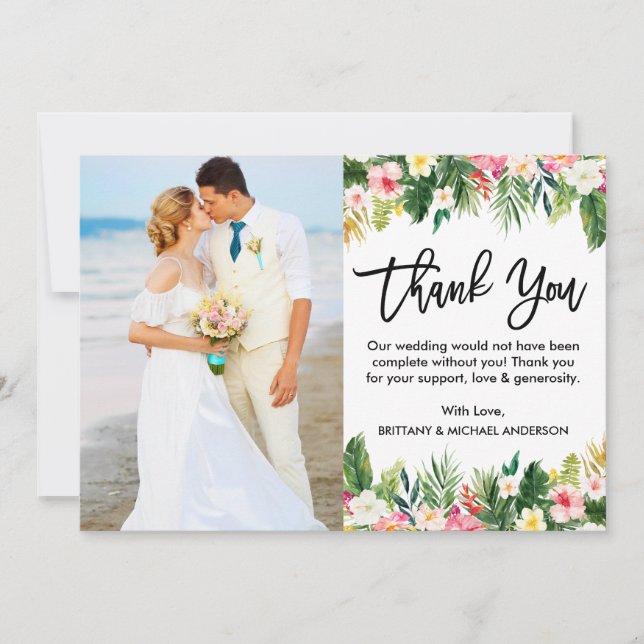 Brush Script Tropical Floral Wedding Photo Thank You Card (Front)